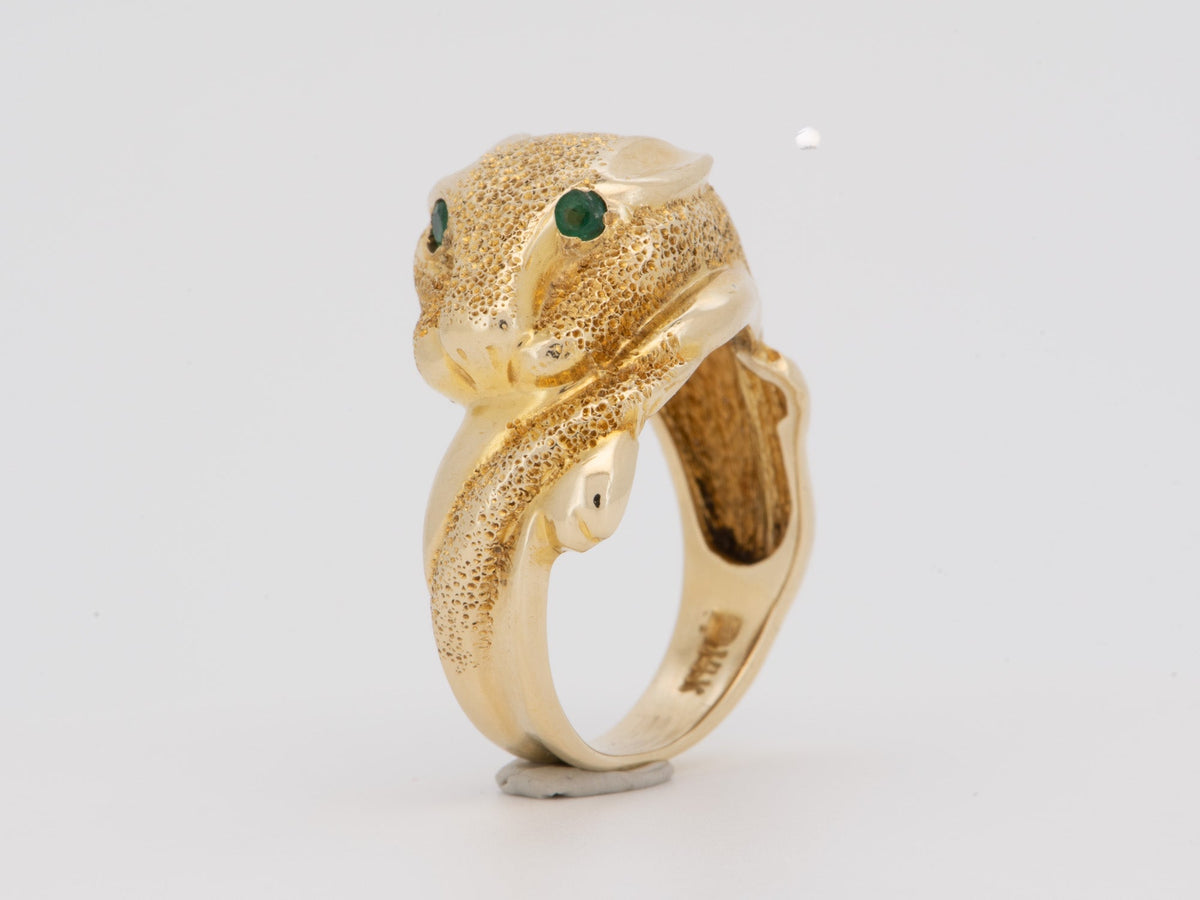 14K Gold Vintage Panther Ring with Emerald Eyes Textured Body &amp; Tail For Animal Lover V1037 Aurora Designer