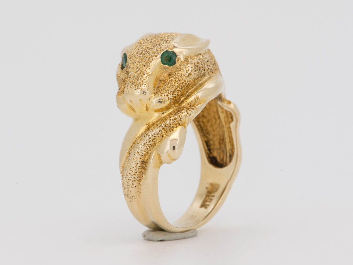 14K Gold Vintage Panther Ring with Emerald Eyes Textured Body &amp; Tail For Animal Lover V1037 Aurora Designer