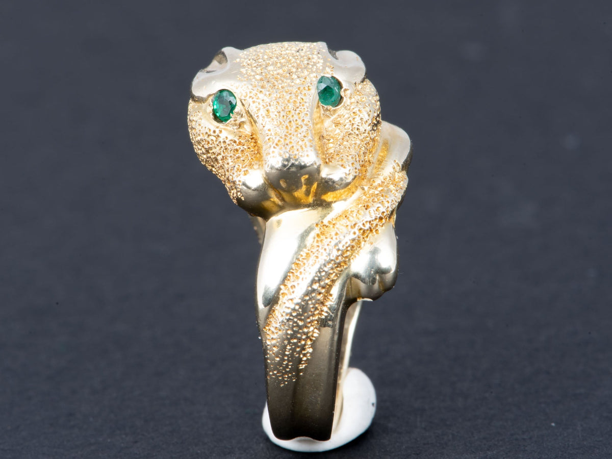 14K Gold Vintage Panther Ring with Emerald Eyes Textured Body &amp; Tail For Animal Lover V1037 Aurora Designer