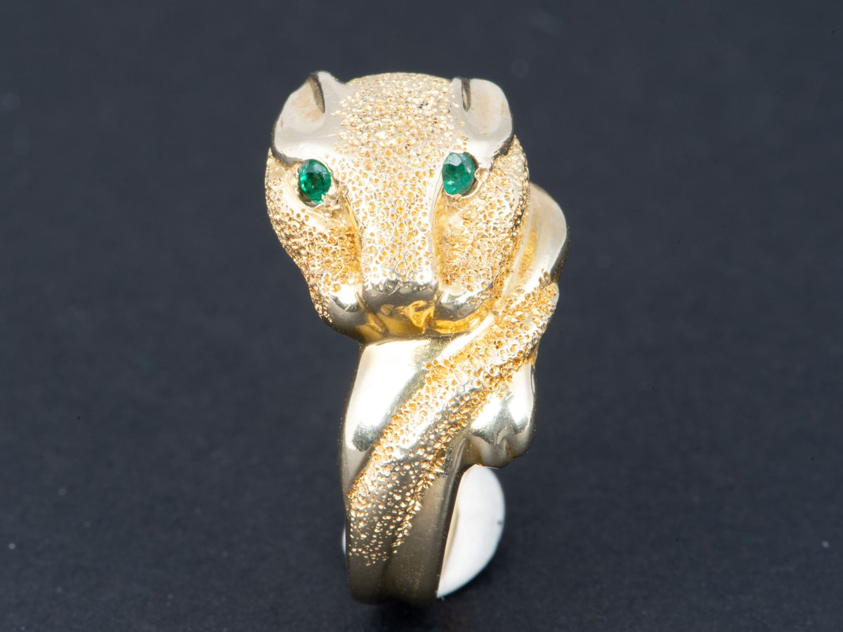 14K Gold Vintage Panther Ring with Emerald Eyes Textured Body &amp; Tail For Animal Lover V1037 Aurora Designer