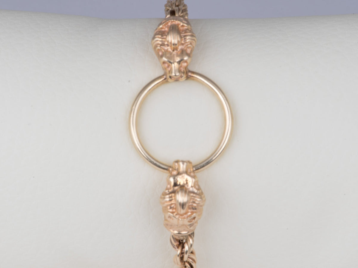 14K Gold Vintage Double Lion Head Rope Chain Bracelet with Door Knocker Ring in Mouth 7" V1039 Aurora Designer