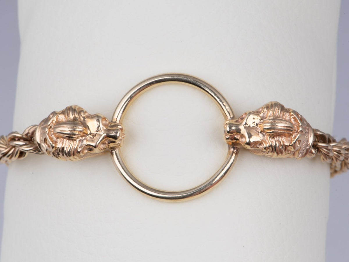 14K Gold Vintage Double Lion Head Rope Chain Bracelet with Door Knocker Ring in Mouth 7" V1039 Aurora Designer
