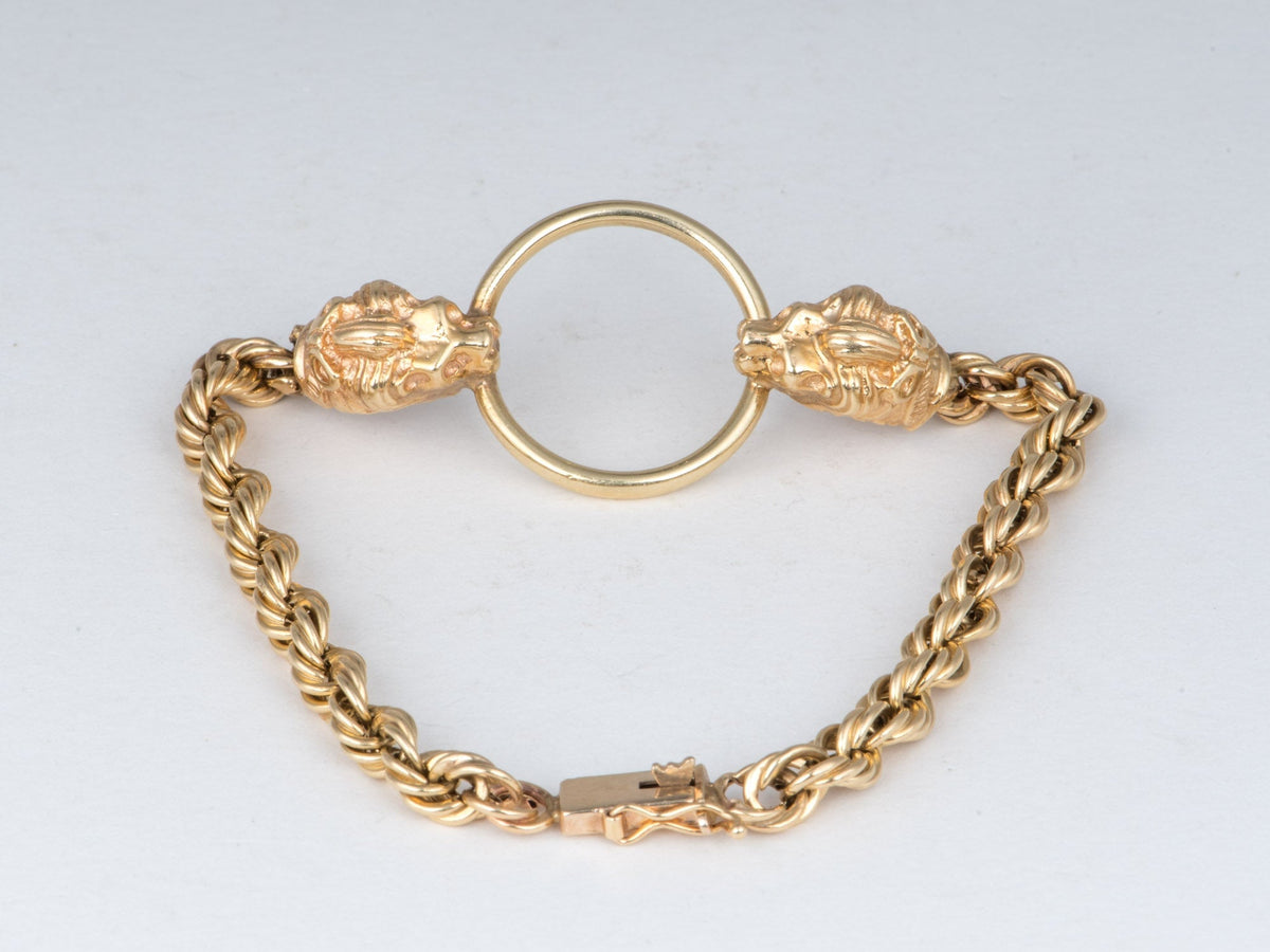 14K Gold Vintage Double Lion Head Rope Chain Bracelet with Door Knocker Ring in Mouth 7" V1039 Aurora Designer