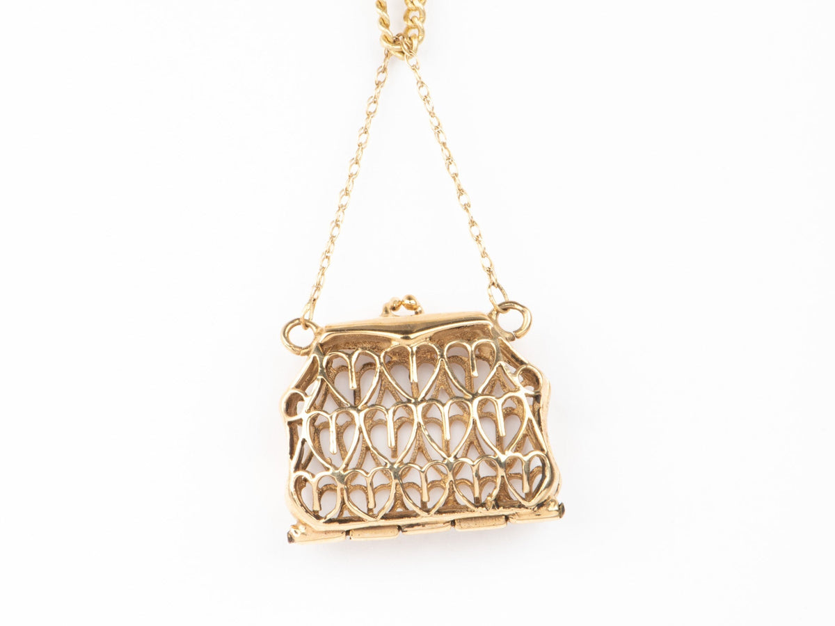 14K Gold Big Purse Pendant Articulated Openable Filigree Heart Design Heavy 6.5g V1059 Aurora Designer