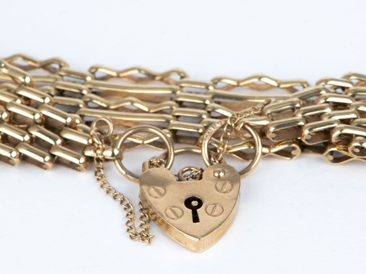 9K Gold Vintage Wide Gate Link Bracelet with Padlock Heart Clasp 6.75" Has Safety Link Heavy 15g+ Assayed 375 V1064 Aurora Designer