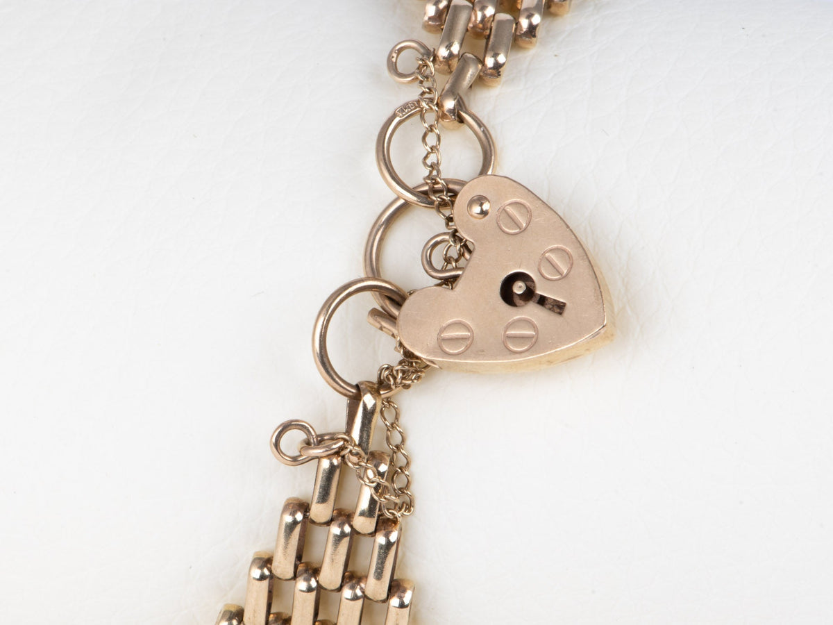 9K Gold Vintage Wide Gate Link Bracelet with Padlock Heart Clasp 6.75" Has Safety Link Heavy 15g+ Assayed 375 V1064 Aurora Designer