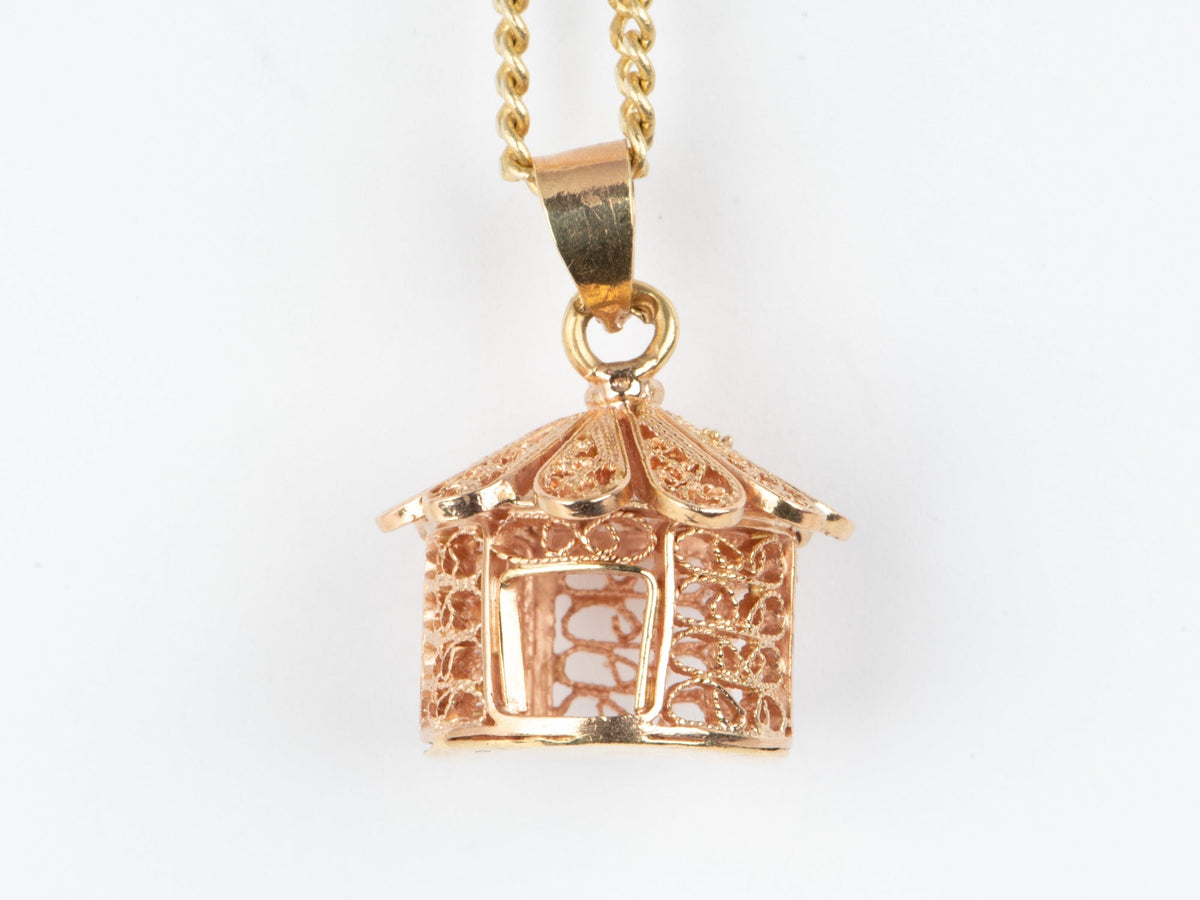 Solid 14K Rose Gold Filigree Gazebo or Bird House Charm Pendant Hexagon-Shaped Fancy Roof and Open Door V1069 Aurora Designer