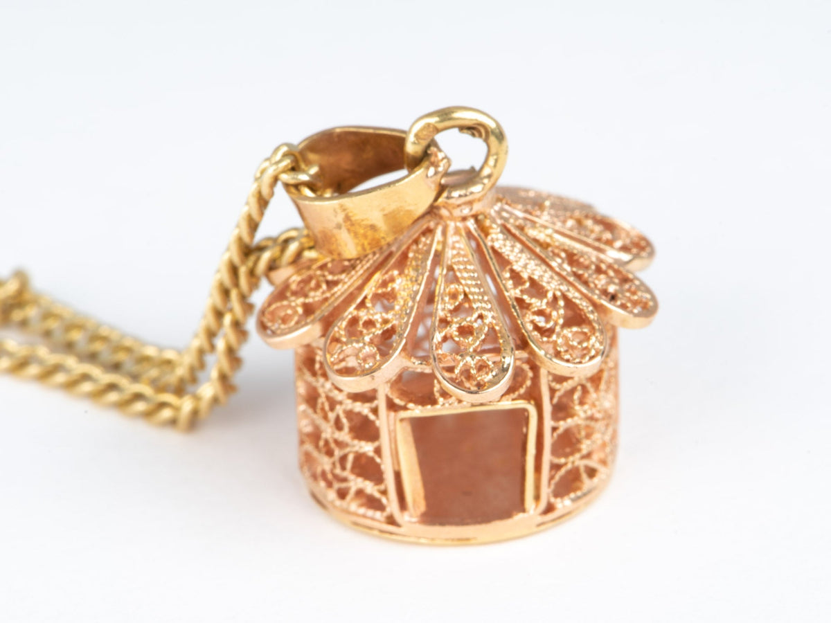 Solid 14K Rose Gold Filigree Gazebo or Bird House Charm Pendant Hexagon-Shaped Fancy Roof and Open Door V1069 Aurora Designer