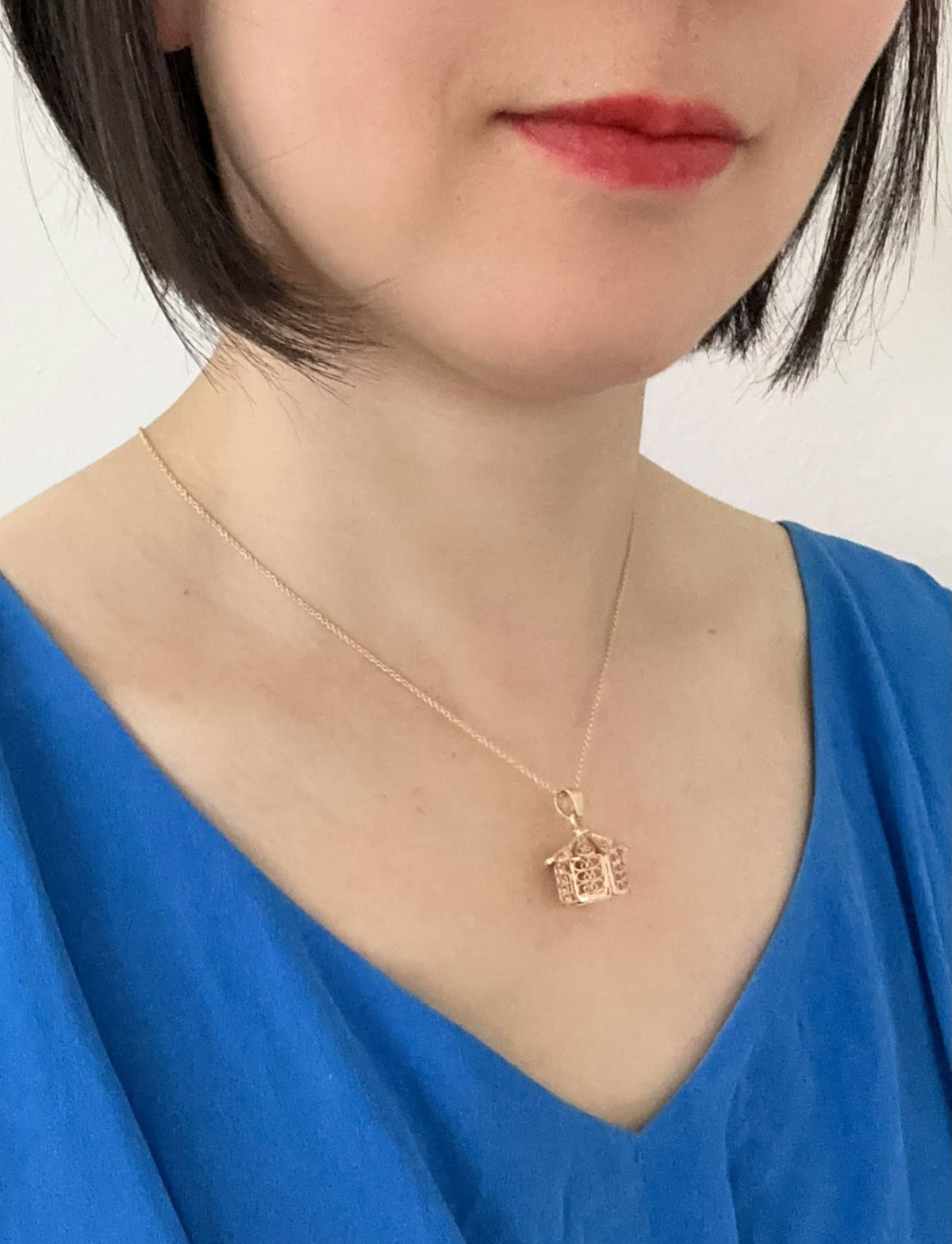 Solid 14K Rose Gold Filigree Gazebo or Bird House Charm Pendant Hexagon-Shaped Fancy Roof and Open Door V1069 Aurora Designer