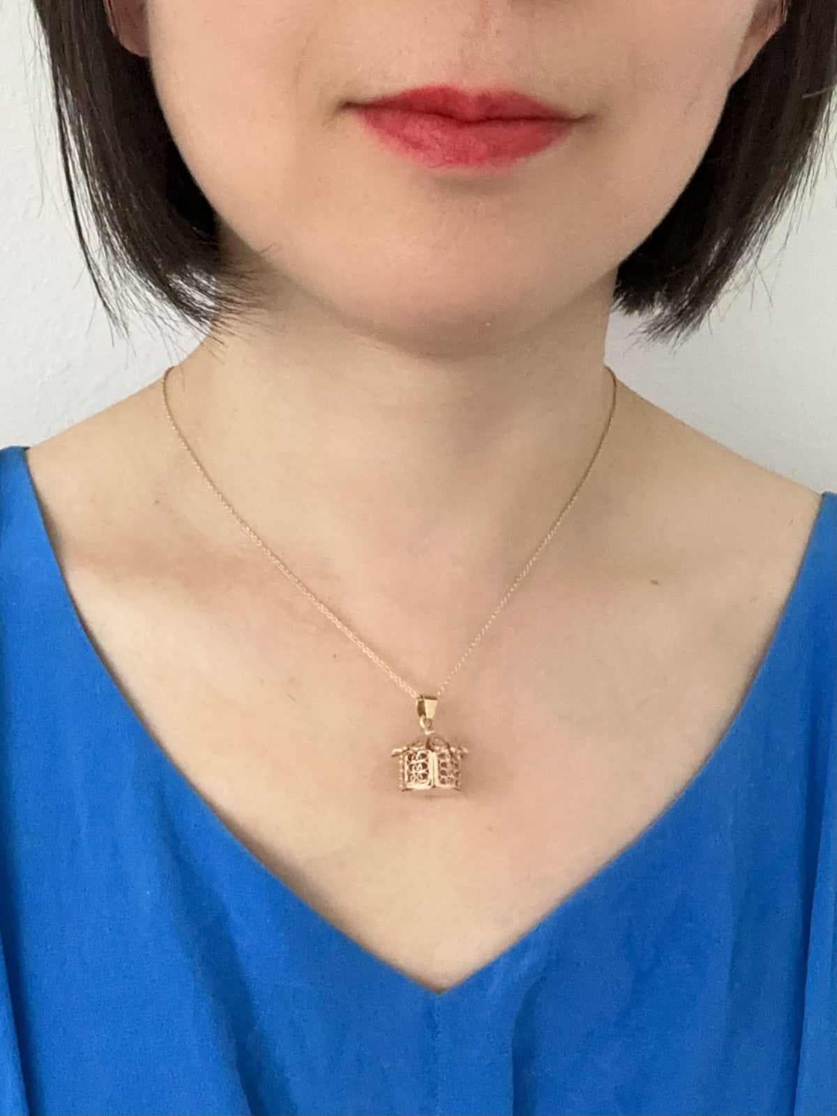 Solid 14K Rose Gold Filigree Gazebo or Bird House Charm Pendant Hexagon-Shaped Fancy Roof and Open Door V1069 Aurora Designer