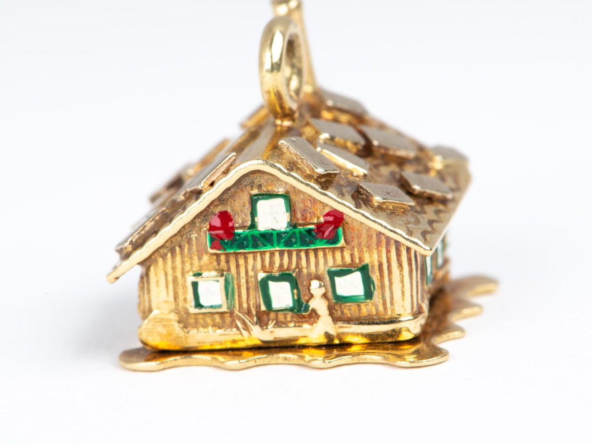 Solid 14K Gold Enamel House Charm Pendant with Movable Openable Roof with Bed and Couple V1073 Aurora Designer