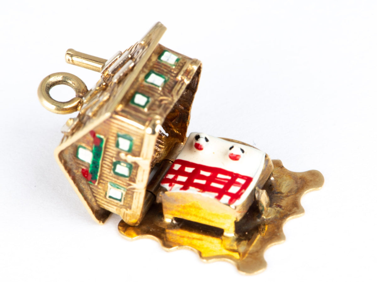 Solid 14K Gold Enamel House Charm Pendant with Movable Openable Roof with Bed and Couple V1073 Aurora Designer