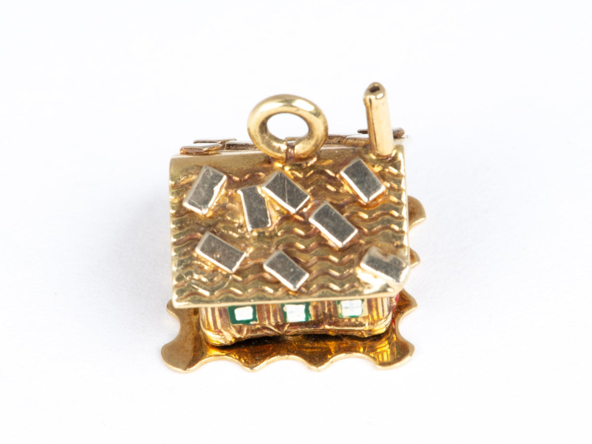Solid 14K Gold Enamel House Charm Pendant with Movable Openable Roof with Bed and Couple V1073 Aurora Designer