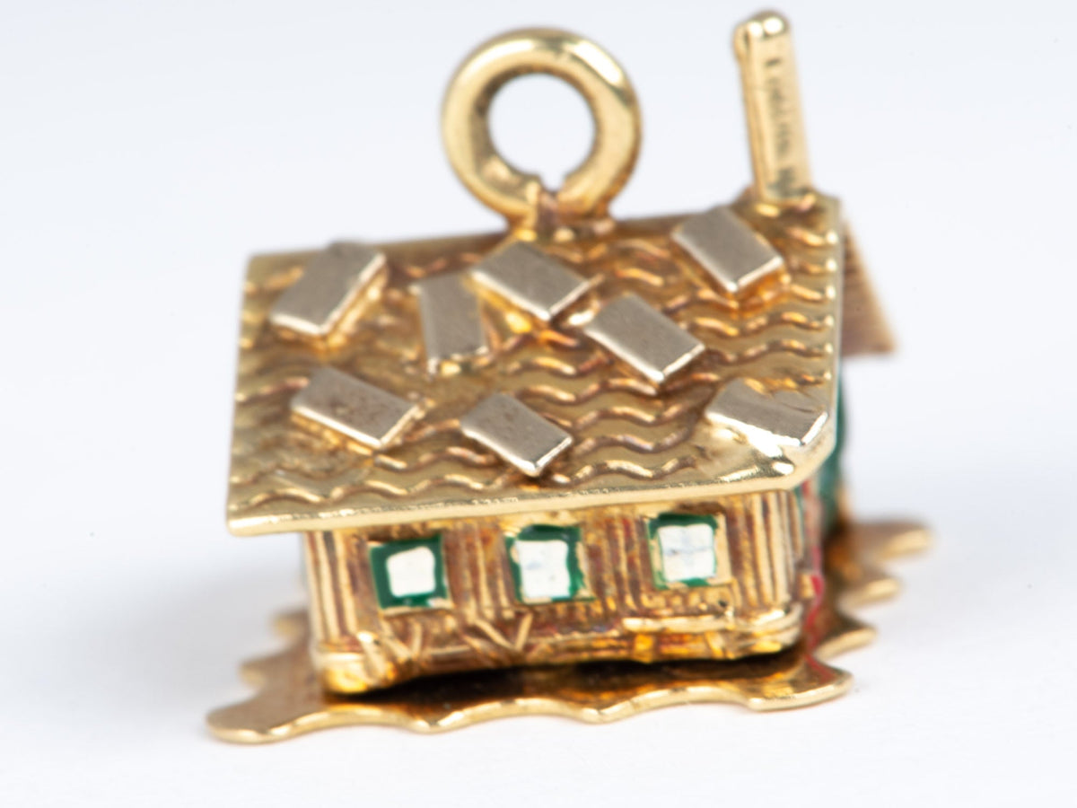 Solid 14K Gold Enamel House Charm Pendant with Movable Openable Roof with Bed and Couple V1073 Aurora Designer