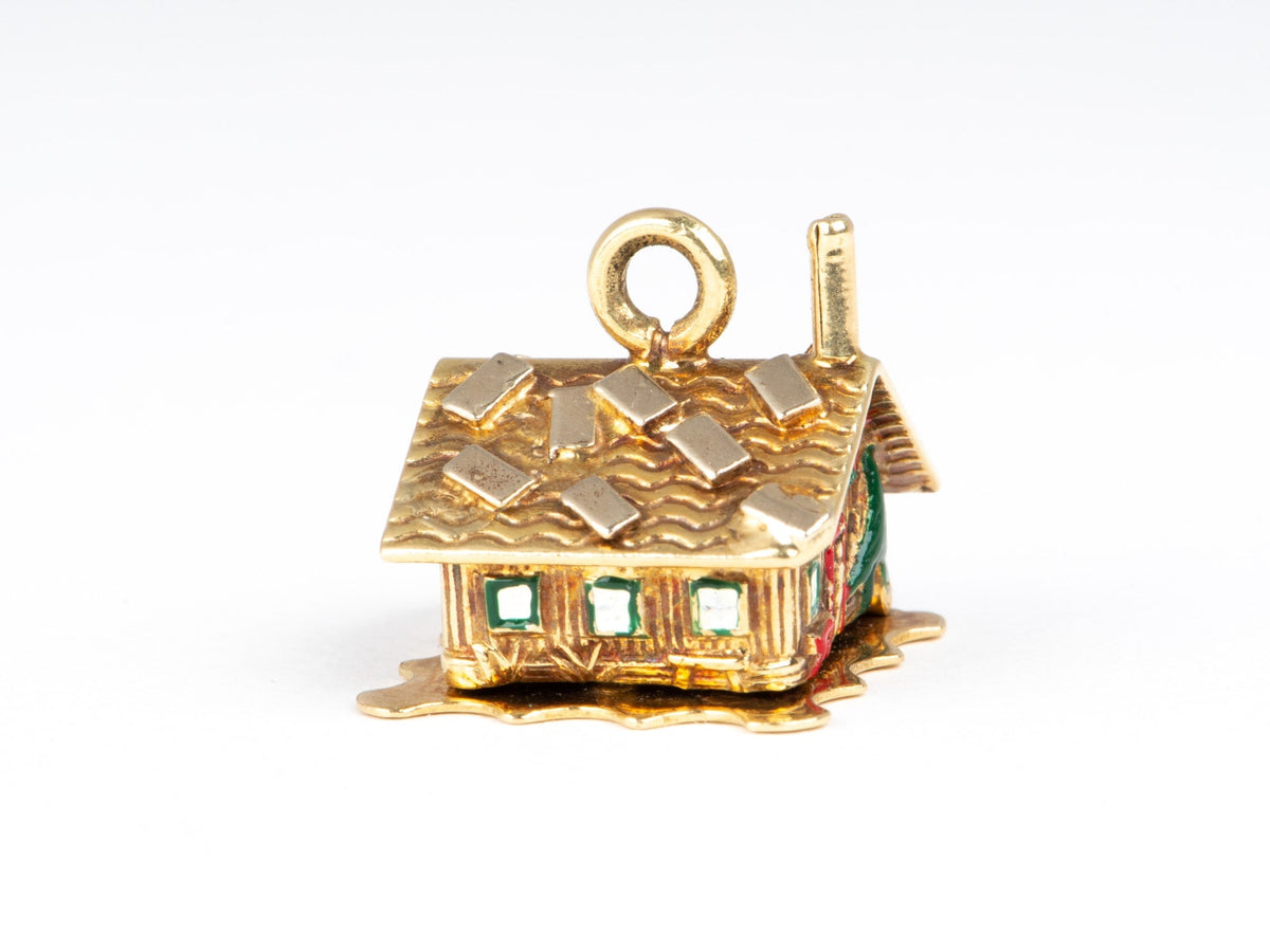 Solid 14K Gold Enamel House Charm Pendant with Movable Openable Roof with Bed and Couple V1073 Aurora Designer