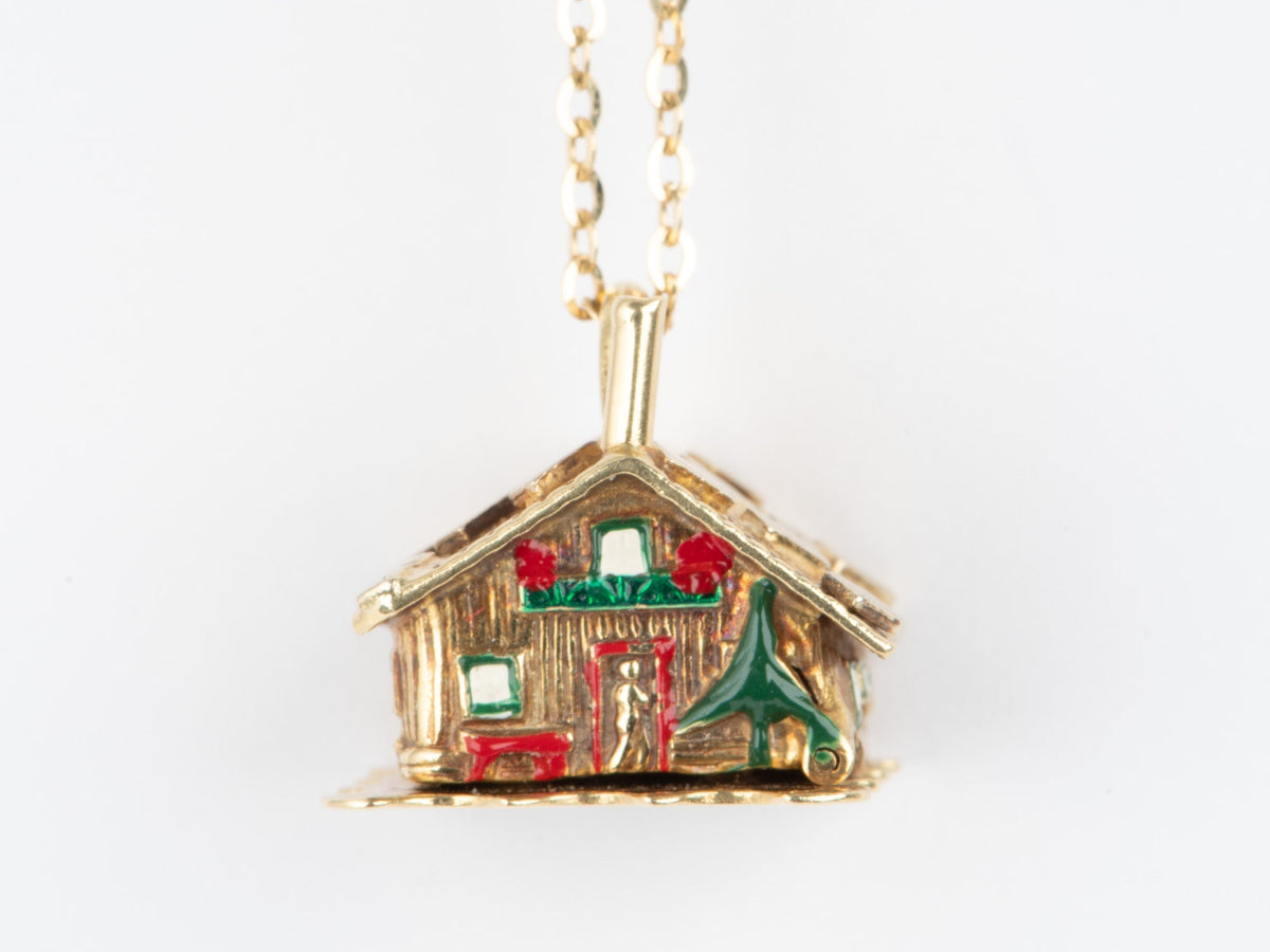 Solid 14K Gold Enamel House Charm Pendant with Movable Openable Roof with Bed and Couple V1073 Aurora Designer