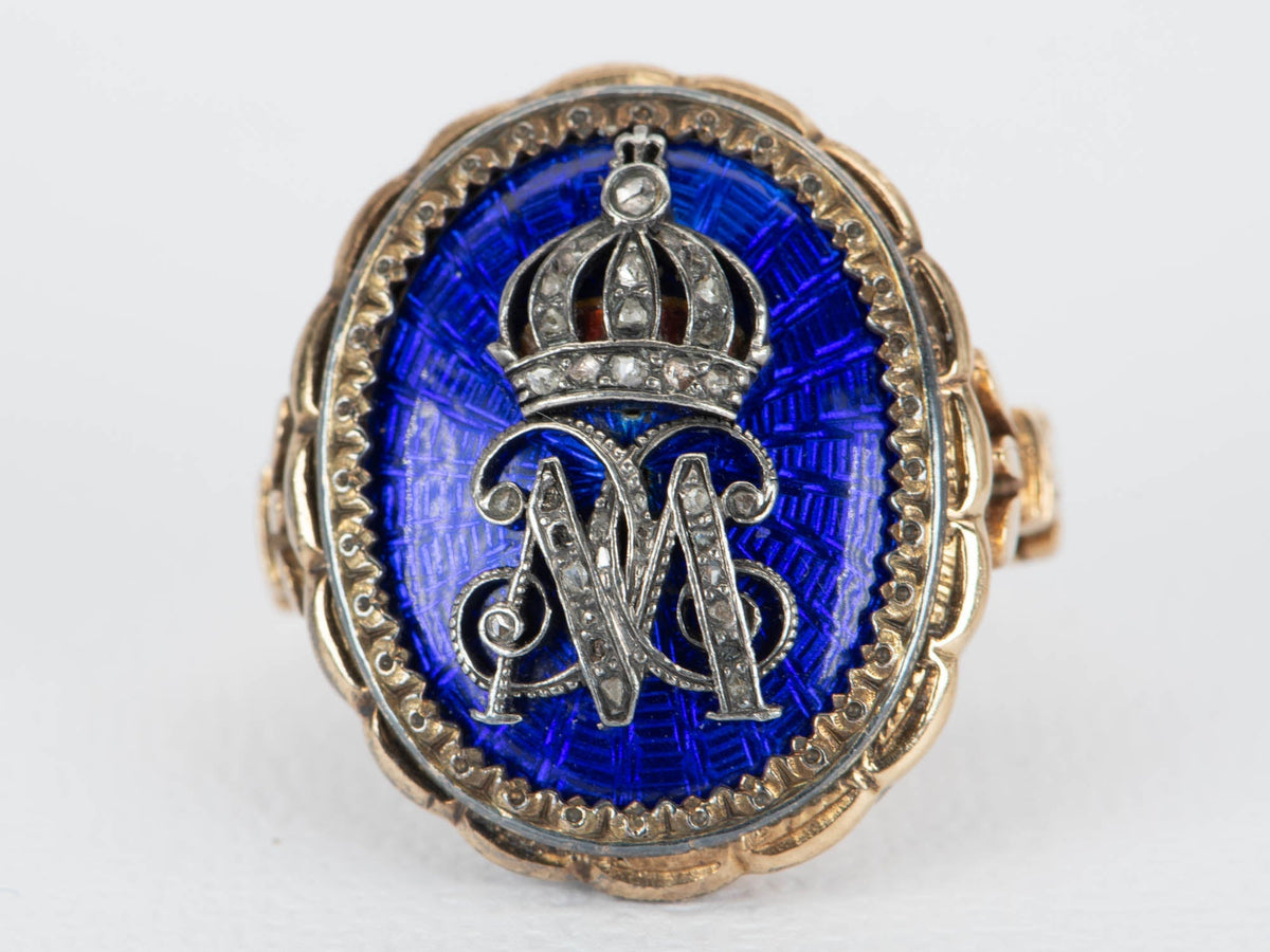 Antique 18K Gold Blue Guilloche Statement Ring Diamond Crown &amp; Letter M 9.88g V1082 Aurora Designer