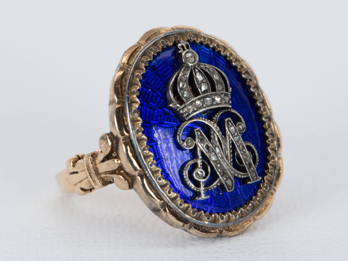 Antique 18K Gold Blue Guilloche Statement Ring Diamond Crown &amp; Letter M 9.88g V1082 Aurora Designer