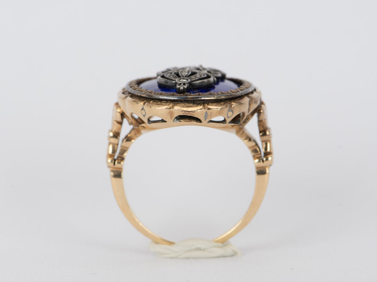 Antique 18K Gold Blue Guilloche Statement Ring Diamond Crown &amp; Letter M 9.88g V1082 Aurora Designer