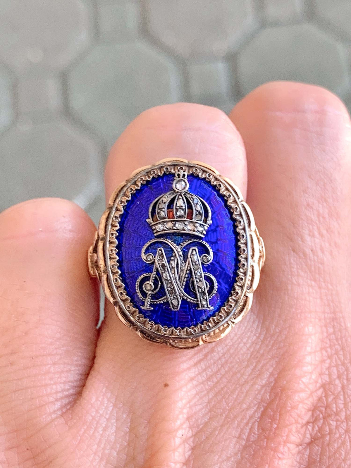 Antique 18K Gold Blue Guilloche Statement Ring Diamond Crown &amp; Letter M 9.88g V1082 Aurora Designer