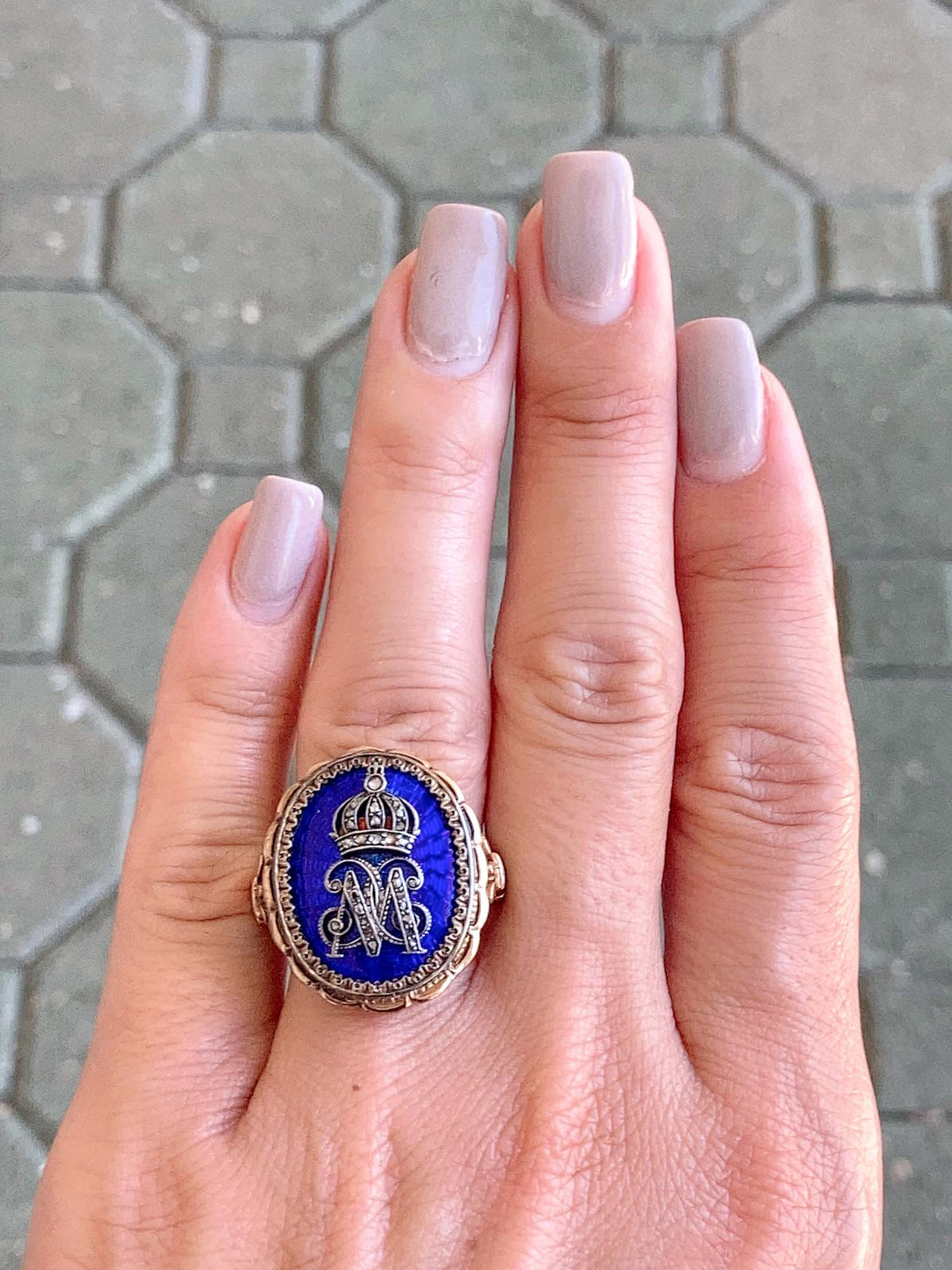 Antique 18K Gold Blue Guilloche Statement Ring Diamond Crown &amp; Letter M 9.88g V1082 Aurora Designer