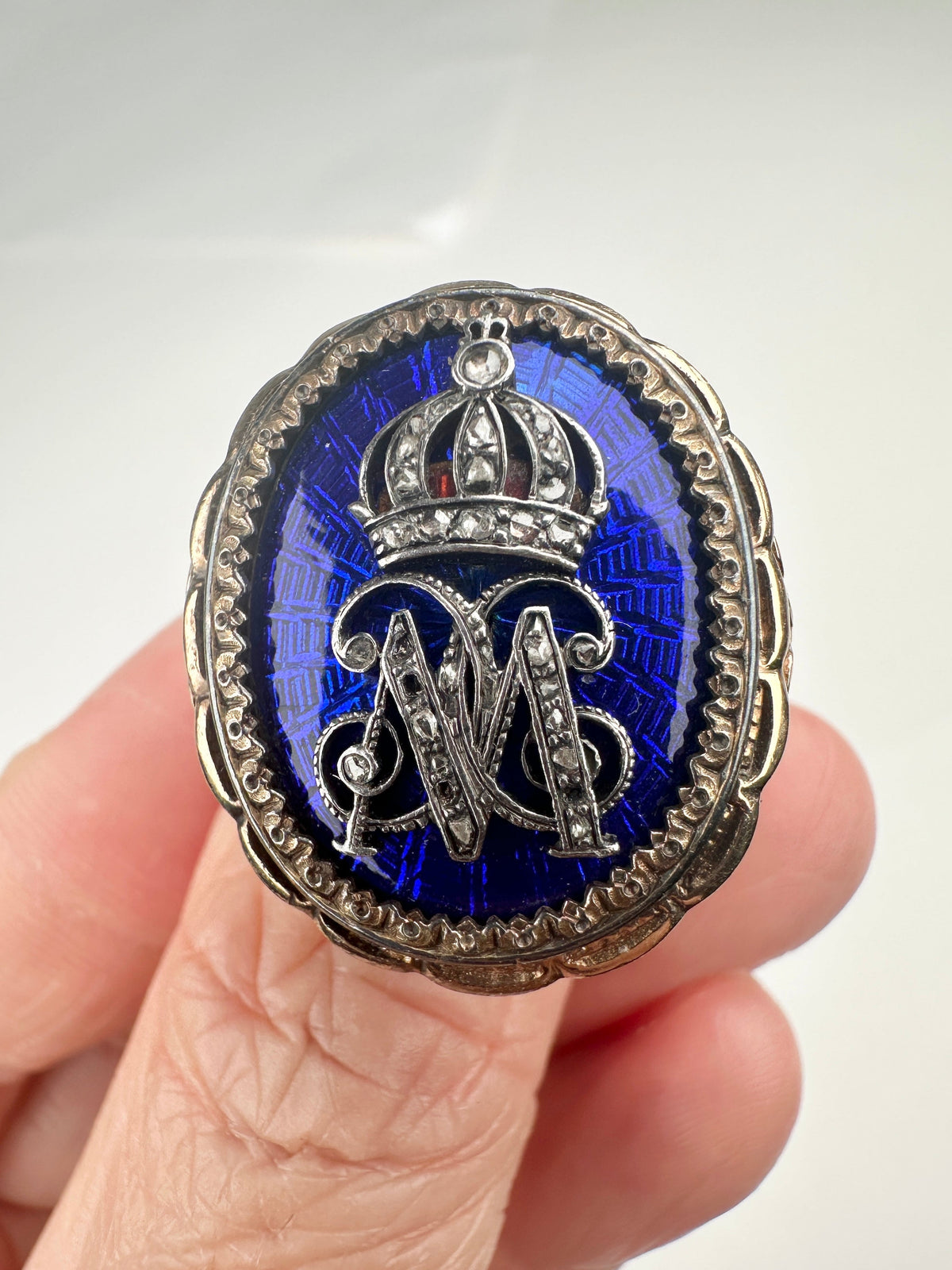 Antique 18K Gold Blue Guilloche Statement Ring Diamond Crown &amp; Letter M 9.88g V1082 Aurora Designer