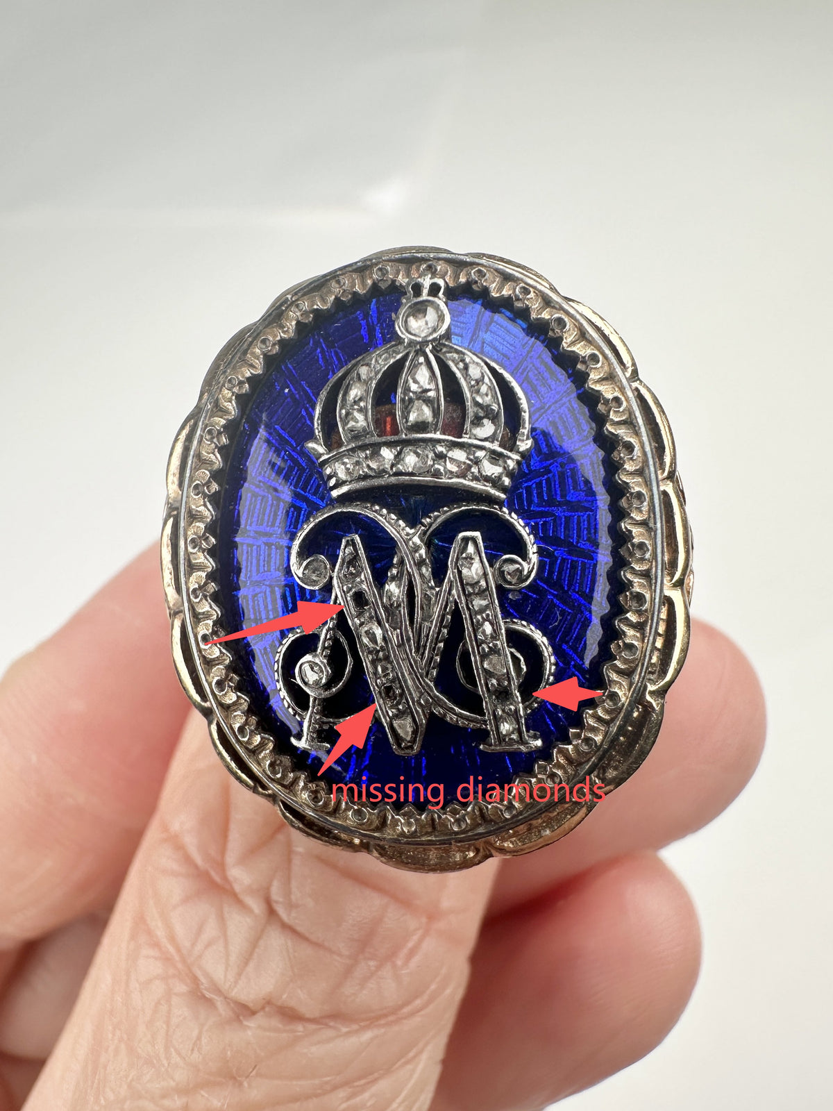 Antique 18K Gold Blue Guilloche Statement Ring Diamond Crown &amp; Letter M 9.88g V1082 Aurora Designer