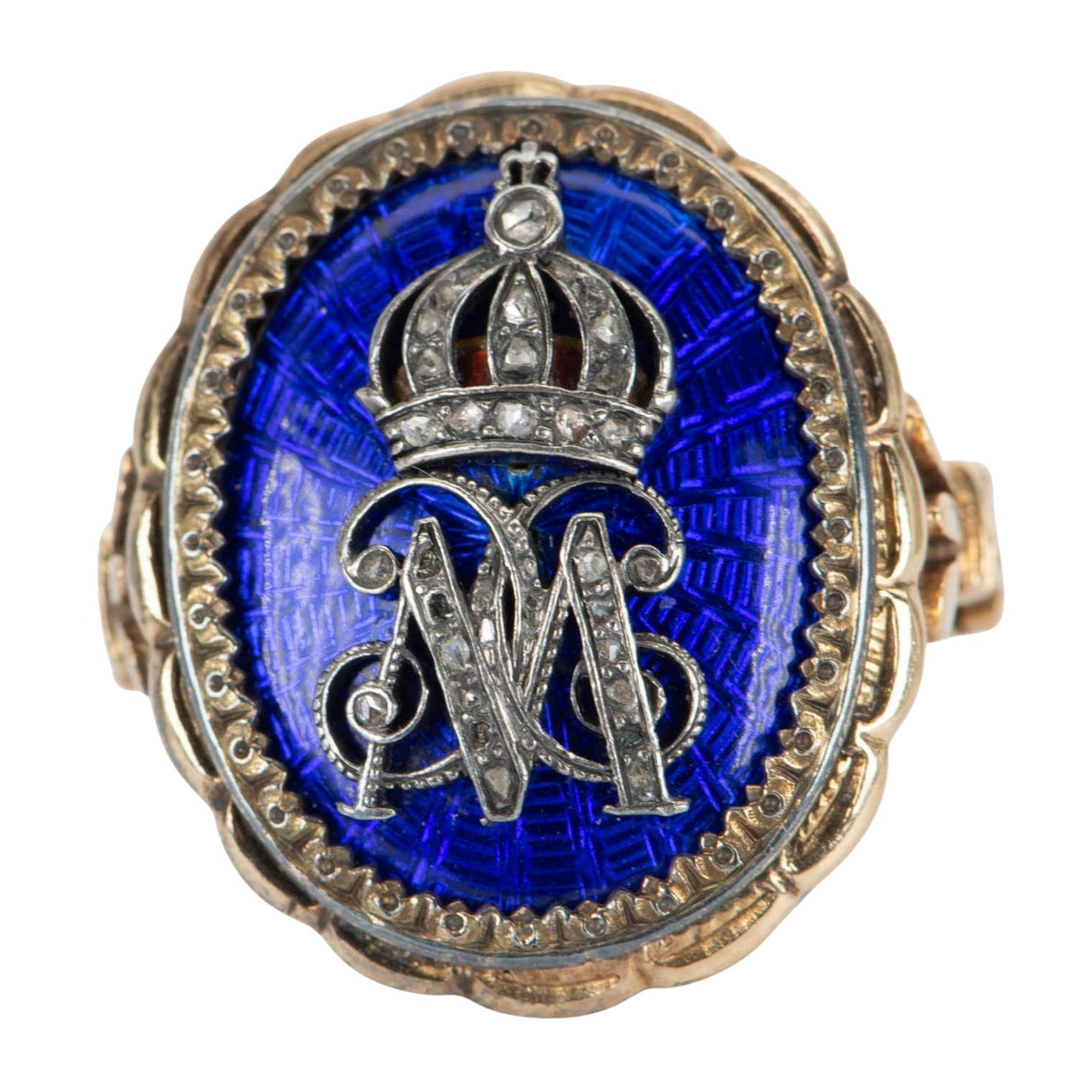 Antique 18K Gold Blue Guilloche Statement Ring Diamond Crown &amp; Letter M 9.88g V1082 Aurora Designer