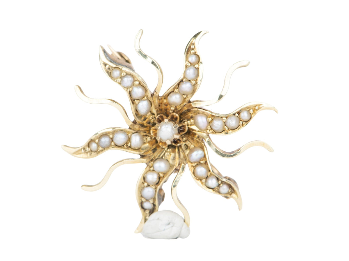 14K Gold Antique Victorian Seed Pearl Sunburst Brooch Pendant 3.3g V1086 Aurora Designer
