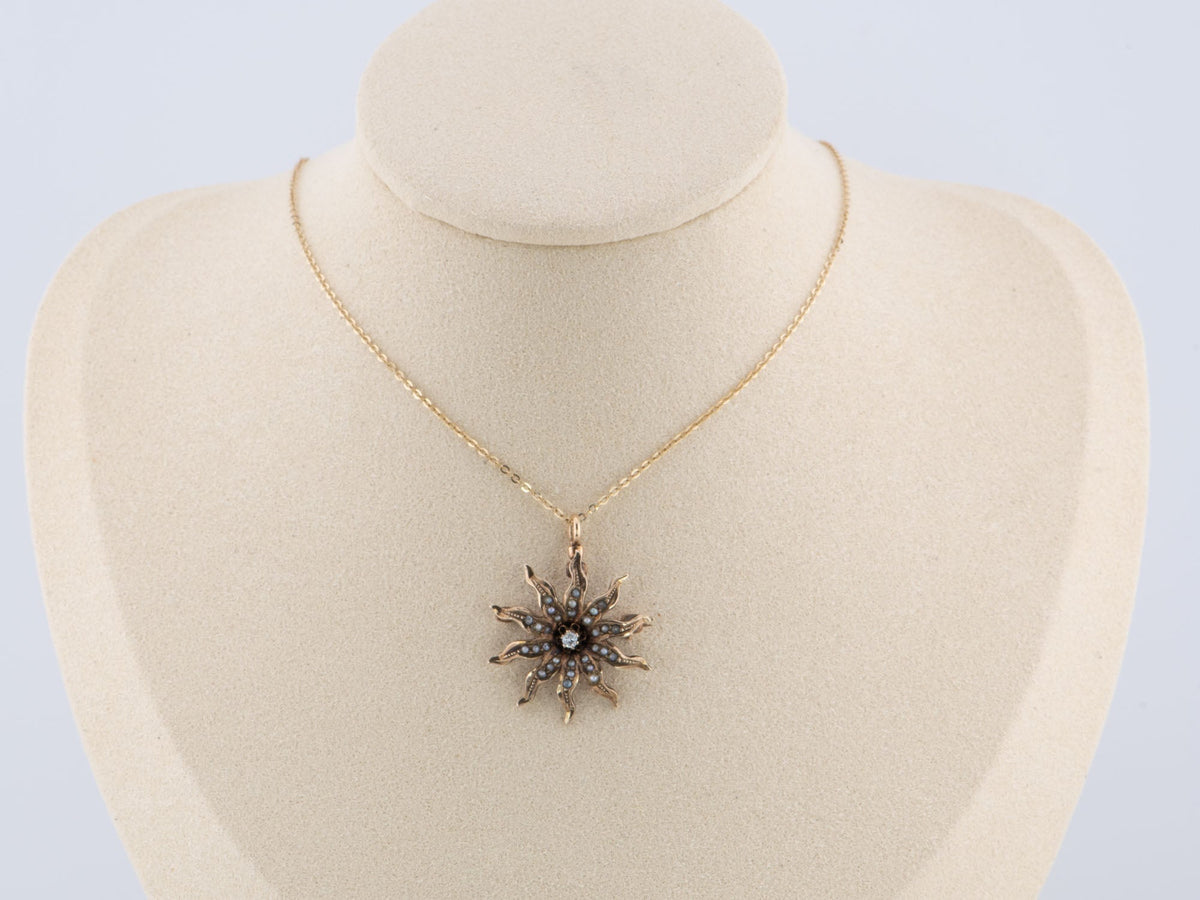 Antique Victorian Starburst Diamond &amp; Seed Pearl Brooch Convertible to Pendant 14K Gold V1092 Aurora Designer