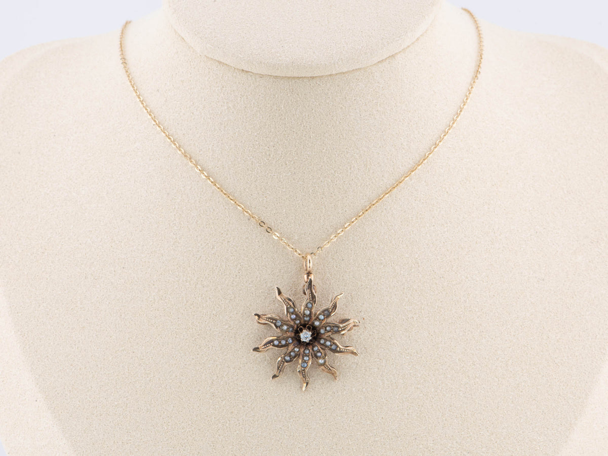 Antique Victorian Starburst Diamond &amp; Seed Pearl Brooch Convertible to Pendant 14K Gold V1092 Aurora Designer