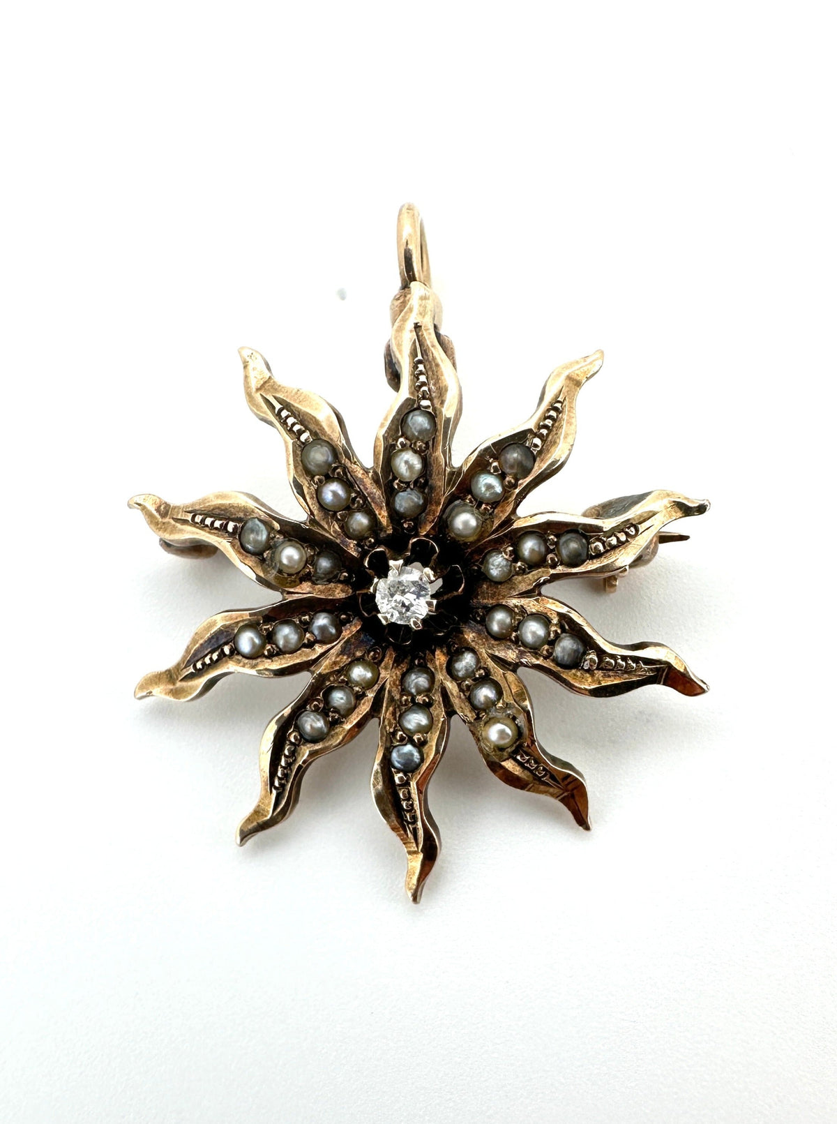 Antique Victorian Starburst Diamond &amp; Seed Pearl Brooch Convertible to Pendant 14K Gold V1092 Aurora Designer
