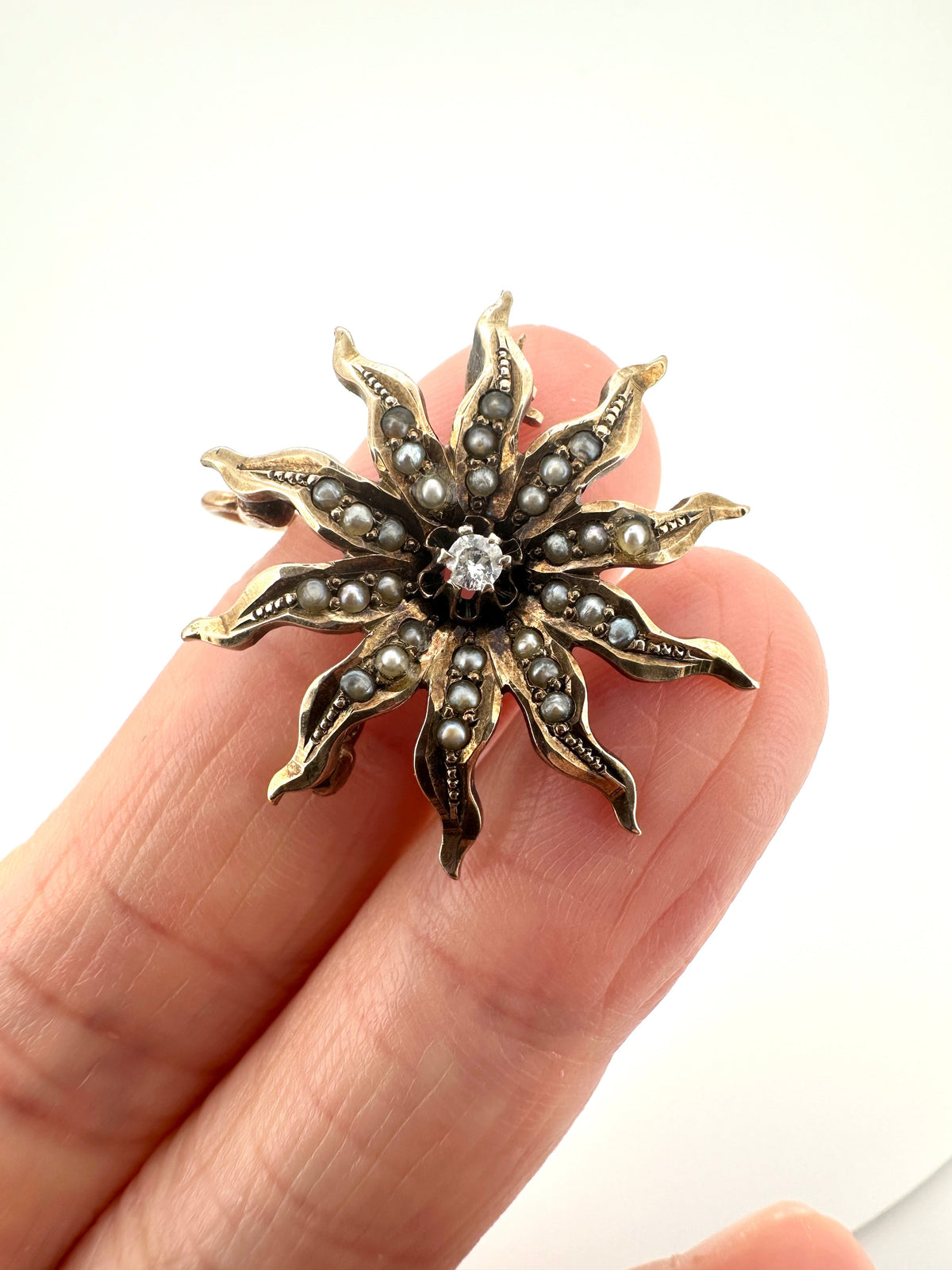 Antique Victorian Starburst Diamond &amp; Seed Pearl Brooch Convertible to Pendant 14K Gold V1092 Aurora Designer