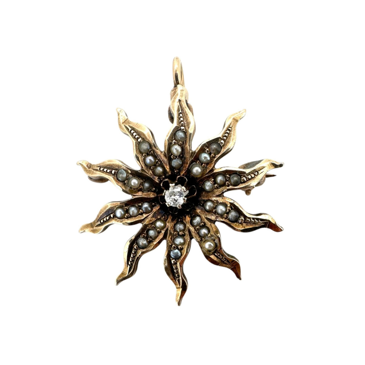 Antique Victorian Starburst Diamond &amp; Seed Pearl Brooch Convertible to Pendant 14K Gold V1092 Aurora Designer