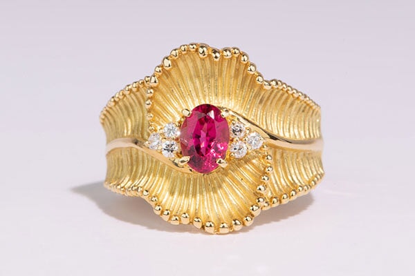 Curved Ribbon Pink Tourmaline Rubellite Ring 18K Gold V1102 Aurora Designer