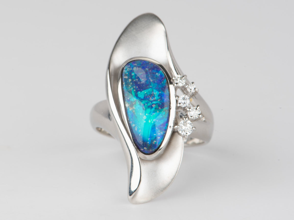 Ocean Blue Australian Boulder Opal Ring PT900 Platinum V1105 Aurora Designer