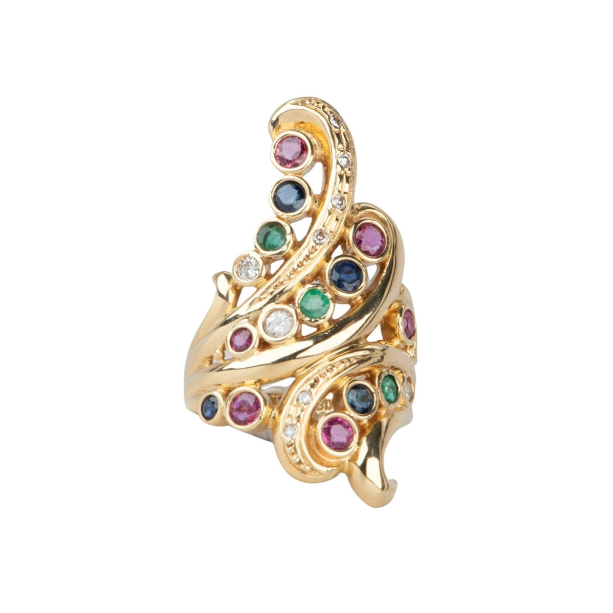 Art Nouveau Inspired Ring with Diamond Ruby Emerald Sapphire 18K Gold V1111 Aurora Designer