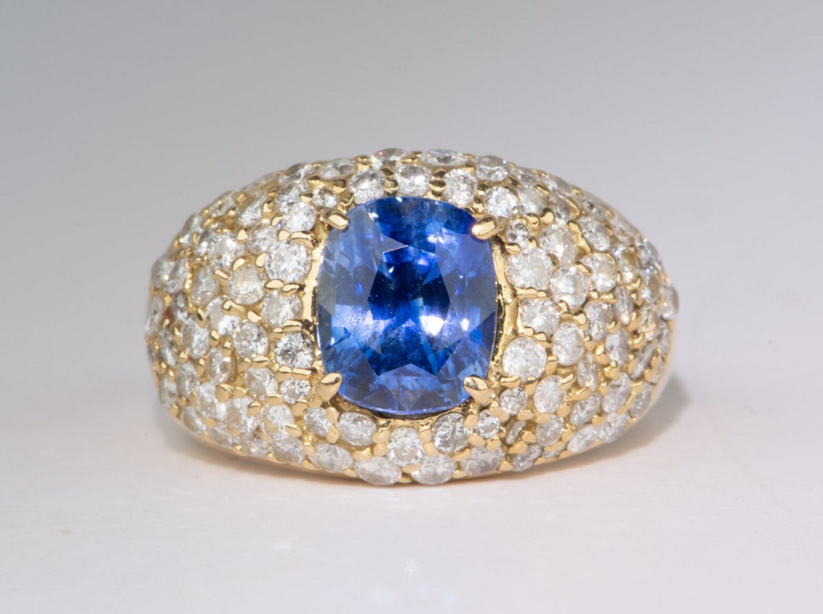 3.47ct Natural Unheated Sapphire Wide Band Ring with Diamond Pave 18K Gold V1114 Aurora Designer