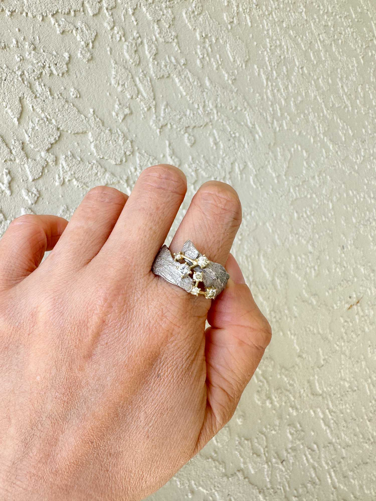 Heavy Platinum Textured Ring with Diamonds Designer Brand Tomoyuki Suganuma V1115 Aurora Designer
