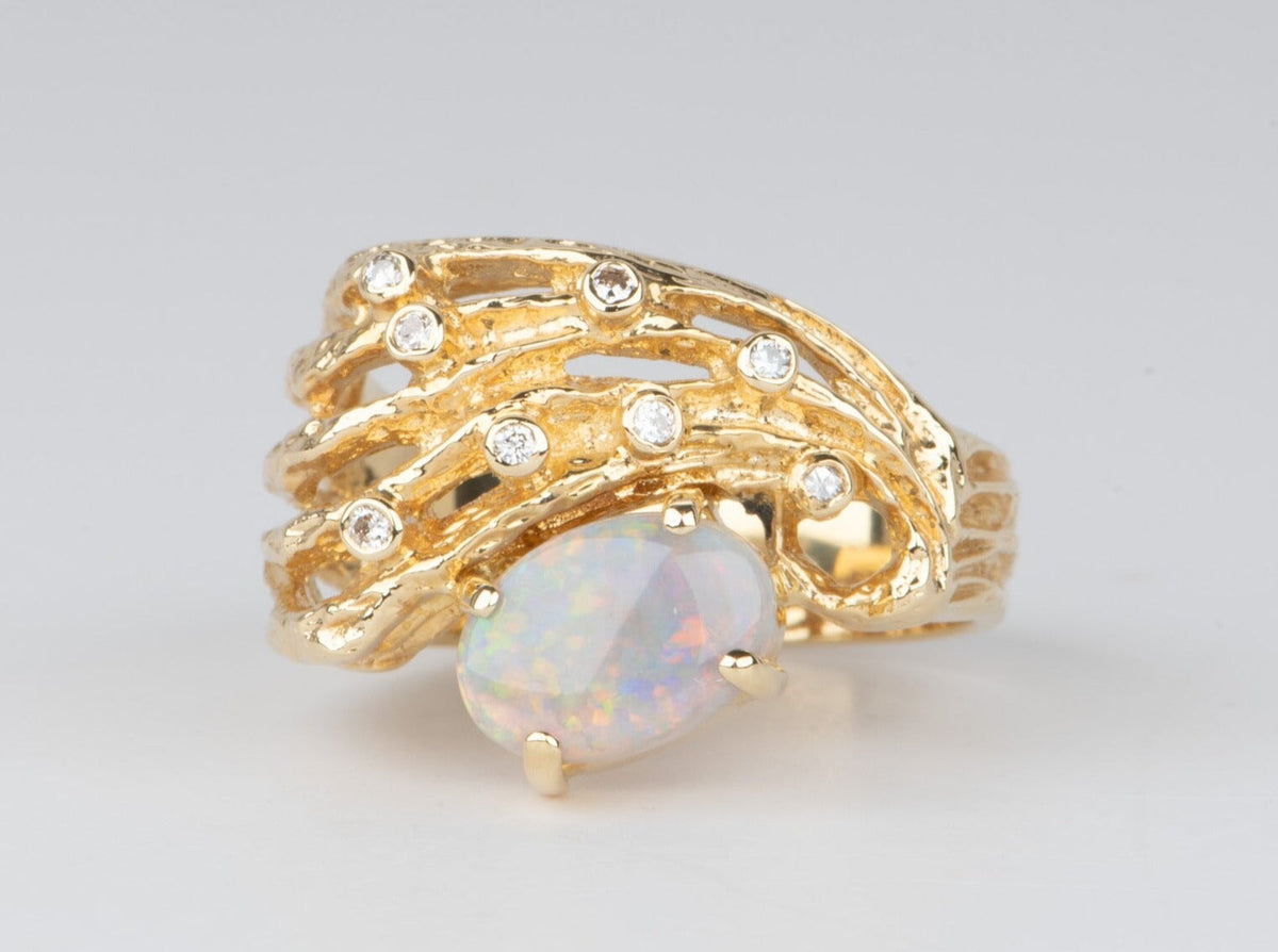 Solid Australian Opal Modernist Design 18K Gold Chunky Ring V1118 Aurora Designer