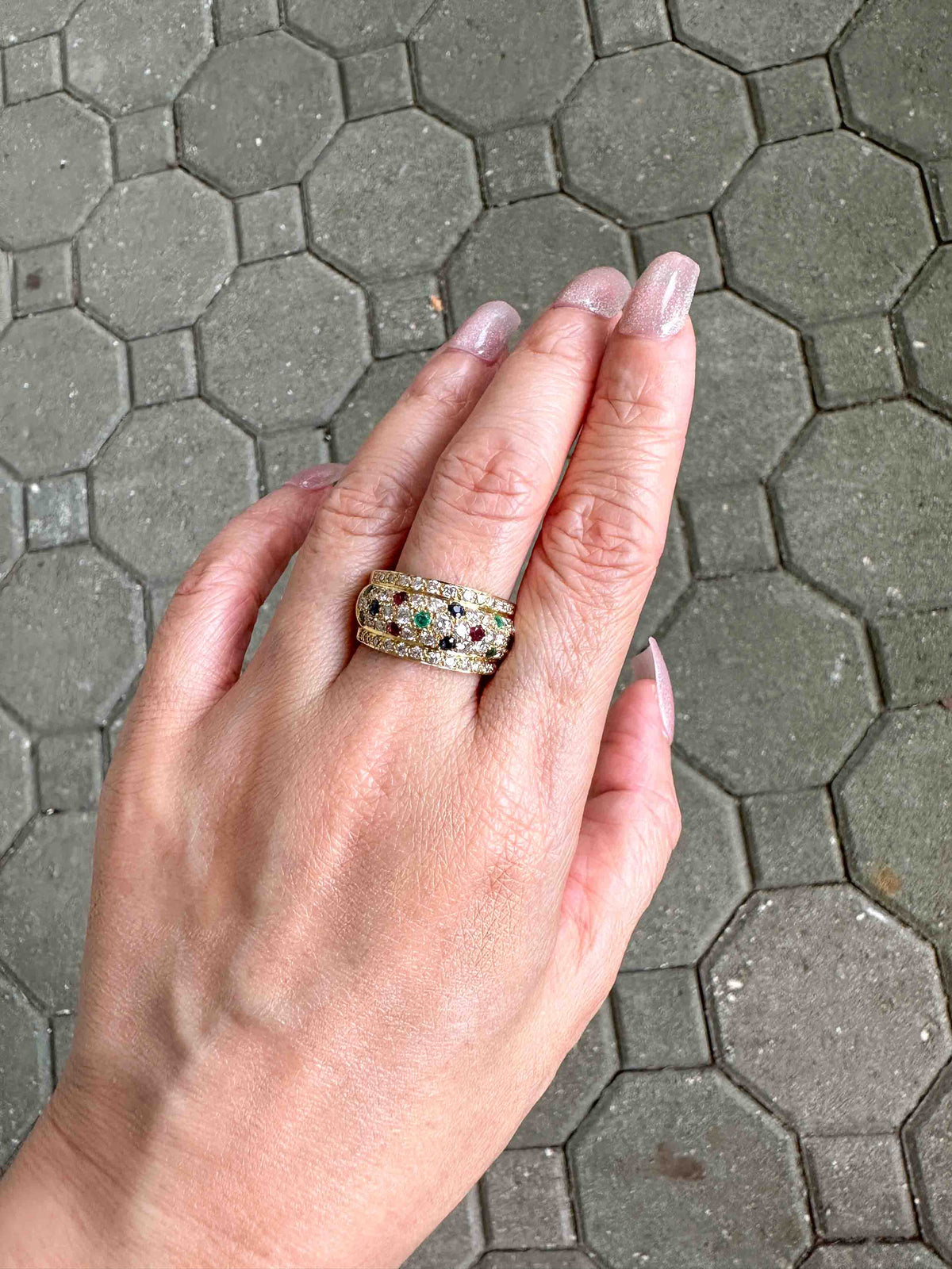 Dome Ring with Pave Diamond Ruby Sapphire Emerald 18K Gold 7.9g V1120 Aurora Designer