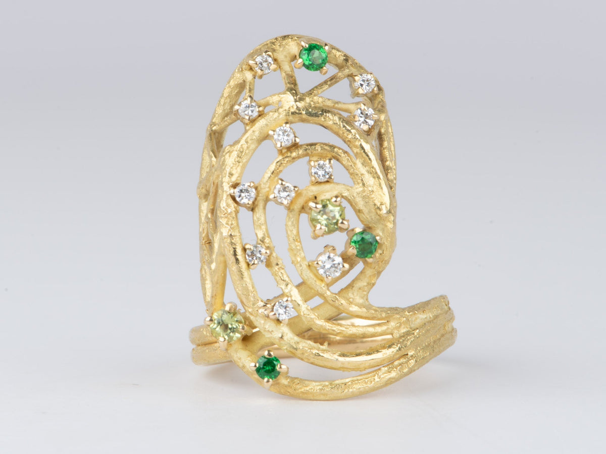 Elongated Modernist Ring with Diamond and Tsavorite 18K Gold 9g V1121 Aurora Designer