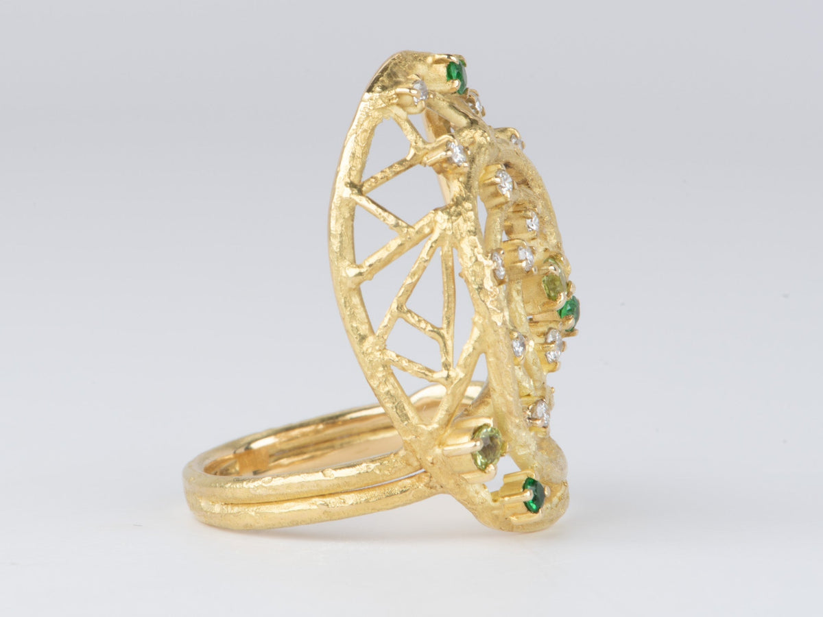 Elongated Modernist Ring with Diamond and Tsavorite 18K Gold 9g V1121 Aurora Designer