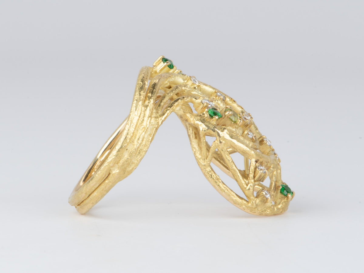 Elongated Modernist Ring with Diamond and Tsavorite 18K Gold 9g V1121 Aurora Designer