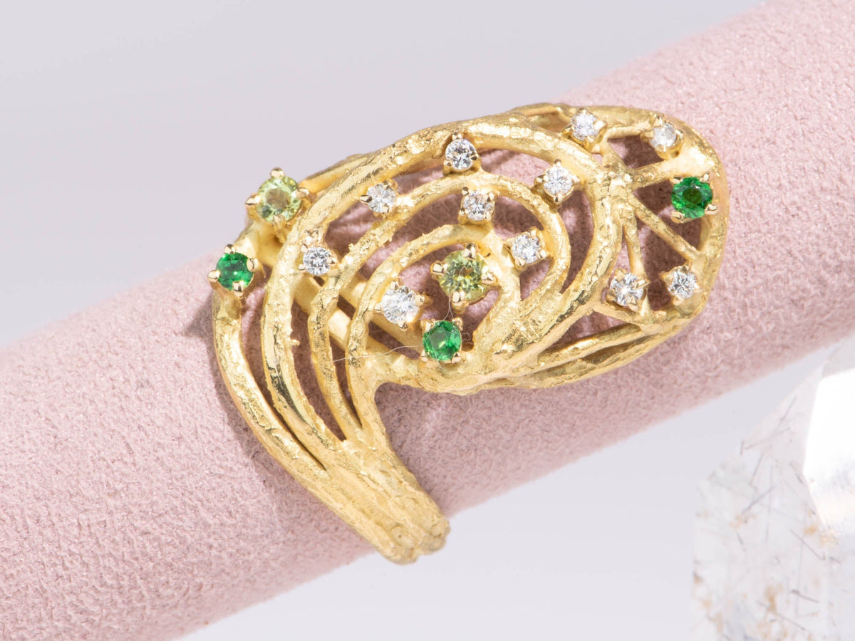 Elongated Modernist Ring with Diamond and Tsavorite 18K Gold 9g V1121 Aurora Designer