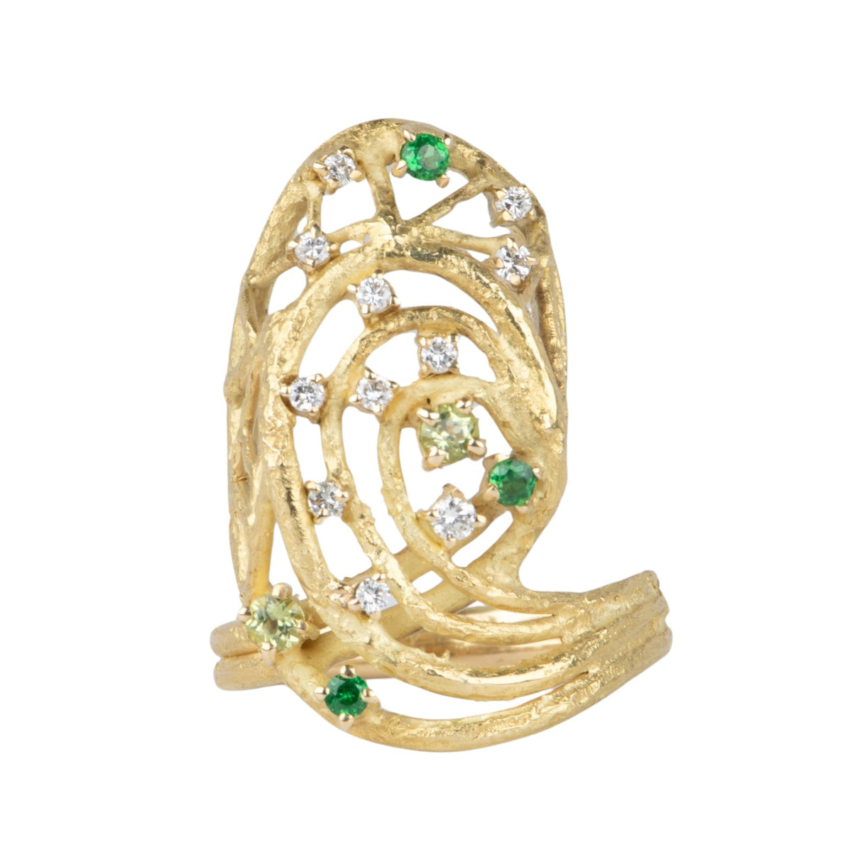 Elongated Modernist Ring with Diamond and Tsavorite 18K Gold 9g V1121 Aurora Designer