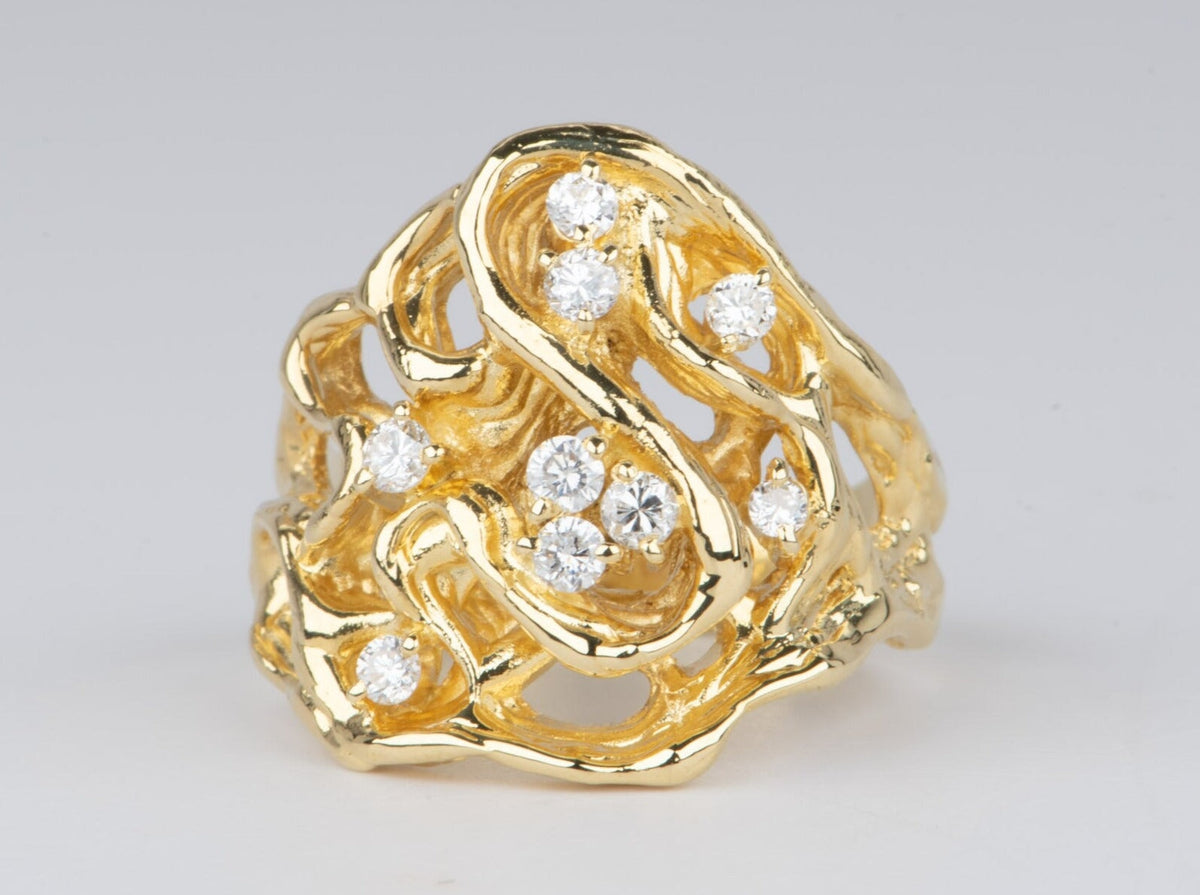 Modernist Style Branch Texture Wide band Ring with 0.32ct Diamond 18K Gold 9.4g V1122 Aurora Designer