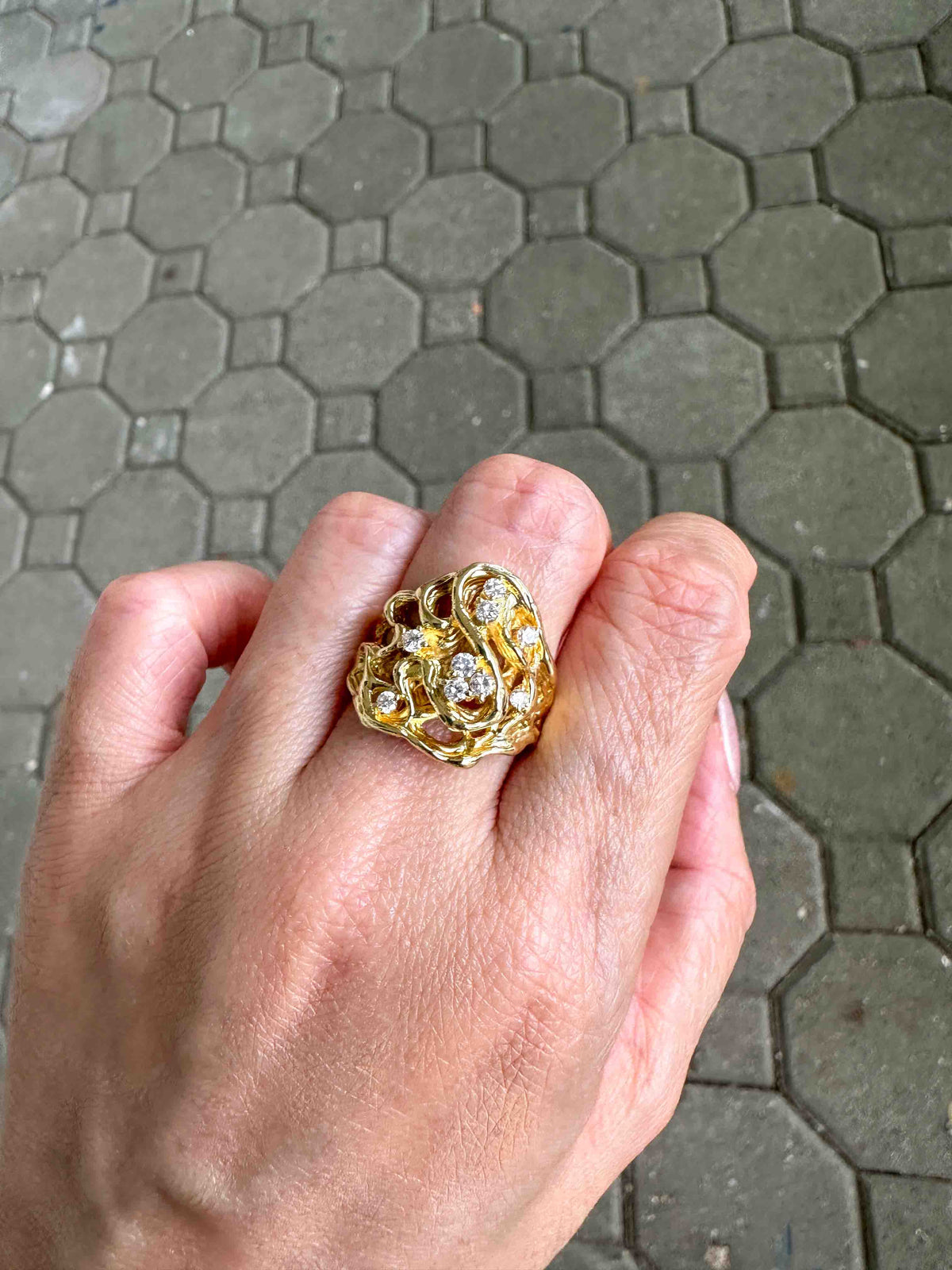 Modernist Style Branch Texture Wide band Ring with 0.32ct Diamond 18K Gold 9.4g V1122 Aurora Designer