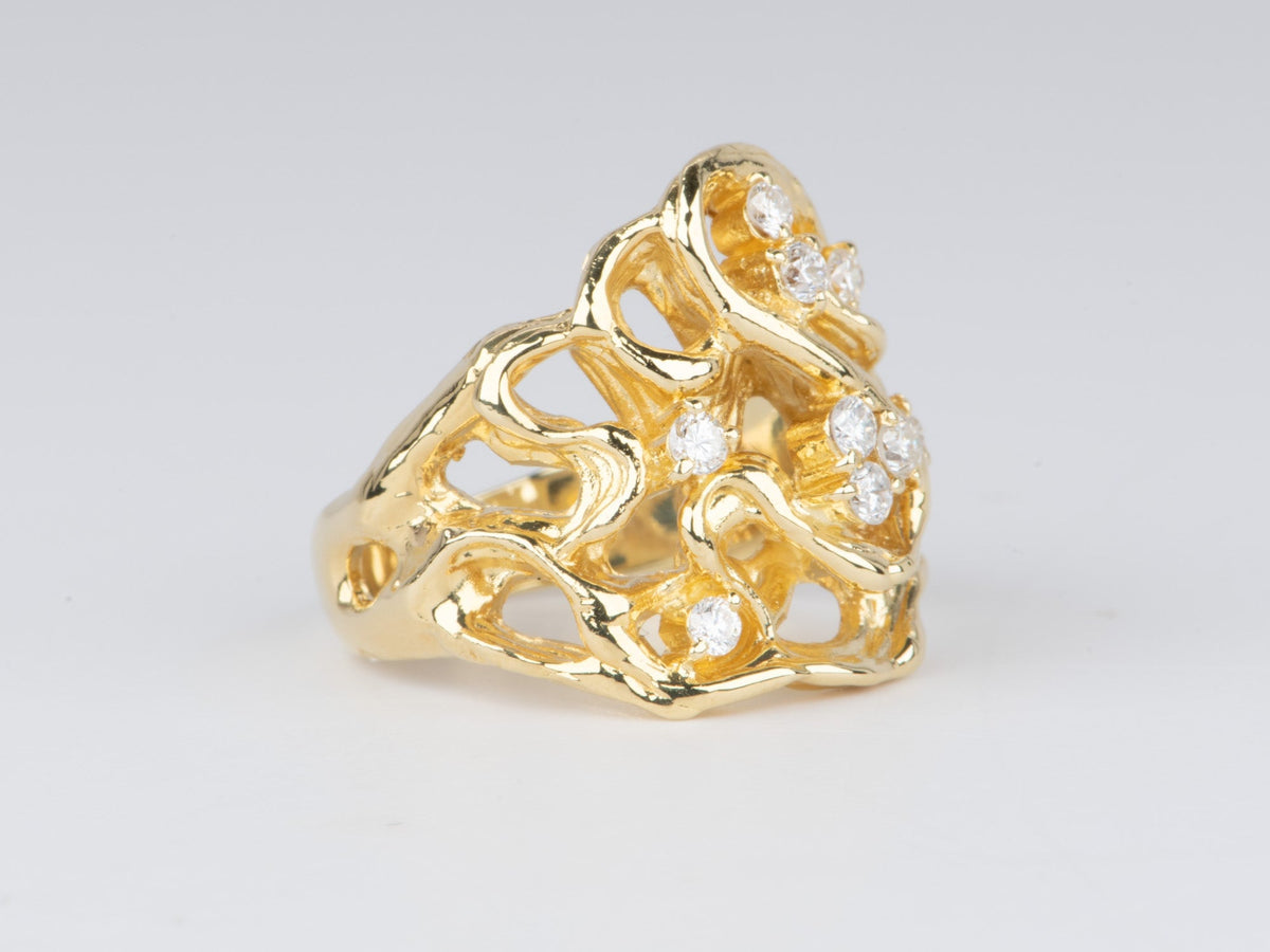 Modernist Style Branch Texture Wide band Ring with 0.32ct Diamond 18K Gold 9.4g V1122 Aurora Designer