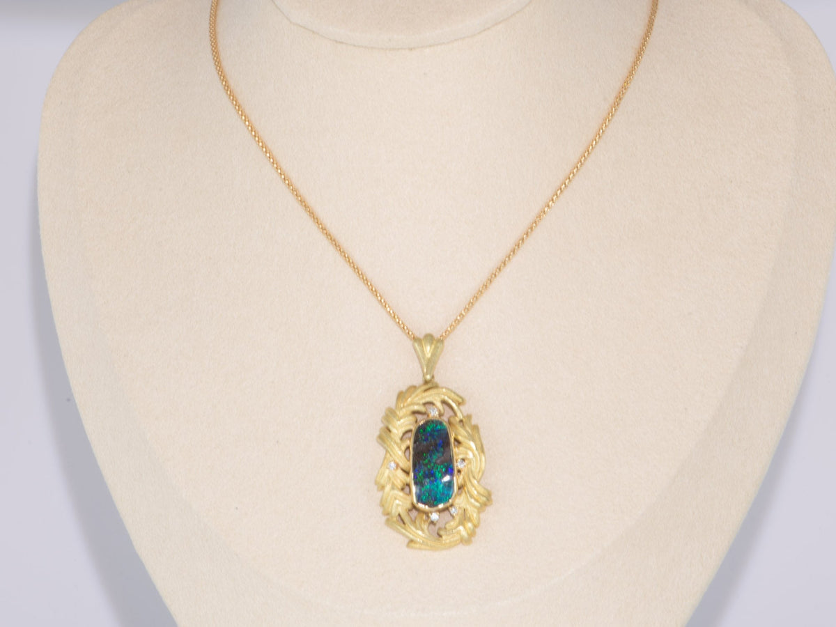 Australian Boulder Opal Feather Style Pendant 18K Gold 11.3g V1124 Aurora Designer